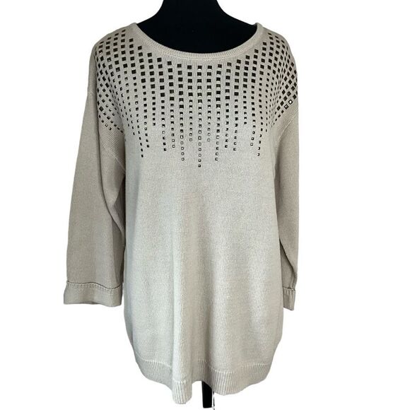 Christopher & Banks Sweater Women's size L Tan 3/4 Sleeves Brass Stud Accent - Picture 1 of 10
